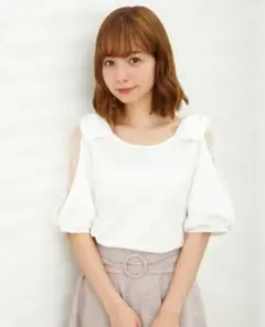 INGNI イング なし地ポンチ袖われ肩リボンTOPS レース 白 M