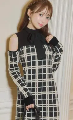 ミシェルマカロン チェックリボンニットワンピース ワンピース XS