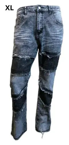 XL パッチワークデニム グレー カットオフ フリンジ ストレート スキニー