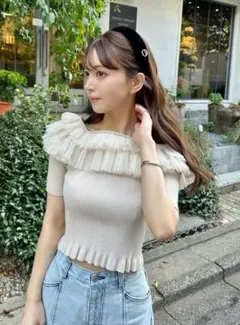 SNIDEL Sustainableチュールボリュームニットフリルプルオーバー