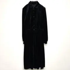 ベロア風シャツワンピース/長袖/ブラック/ロングワンピース/無地/きれいめ/L