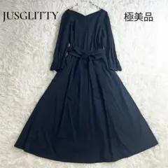 極美品✨ジャスグリッティー ロングワンピース ウエストリボン フレア ネイビー