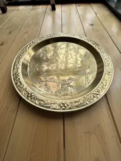 ヴィンテージ北アフリカ工芸 真鍮製 トレイ 34cm ハンドメイド 手彫り装飾