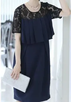 大きいサイズ【2XL（3L）】ネイビーレースフリルドレス