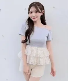 NOMAE ドットワンショルペプラムトップス ライトブルーのサムネイル