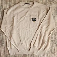 猫の刺繍付きベージュニットセーター薄手