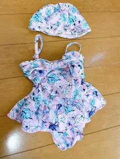 petit main ベビー水着 90cm 花柄 フリル 帽子付き