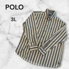 POLO ポロ シャツ 長袖 【3L】 大きめサイズ ストライプ ロゴ