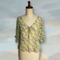 極上シルク100%✨ライムグリーン 華やか花柄ブラウス 絹 シフォン 平成