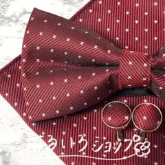 蝶ネクタイ チーフ カフス セット ワインレッド ドット 結婚式 パーティー
