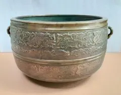 ☆銅合金製火鉢＊鳳凰と唐草の細密なレリーフ模様＊外径約30cmのサムネイル