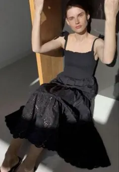 ZARA りぼん レース ロングワンピース ブラック キャミワンピ マキシ 黒