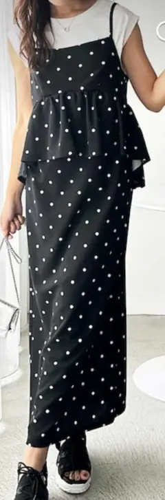水玉模様ペラムキャミソールロングワンピース