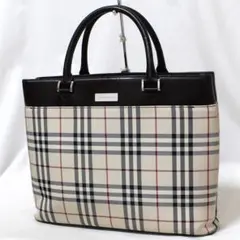 美品バーバリー キャンバス レザー チェック トートバッグ ハンドバッグ