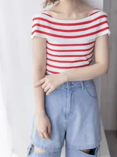 ♡初秋 オフショルデザインニットトップス ボーダー 秋コーデ