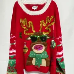 アグリーセーター トナカイ スパンコール ニット クリスマス 派手 赤 古着 Lのサムネイル