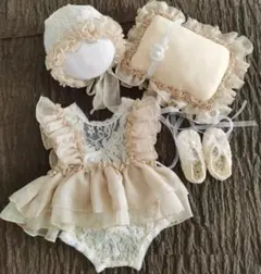 ニューボーンフォト　女の子　ドレス　5点セット　ベージュ　新生児　レース