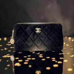 CHANEL】ベロアキルティング クラッチバッグ ポーチ ブラック