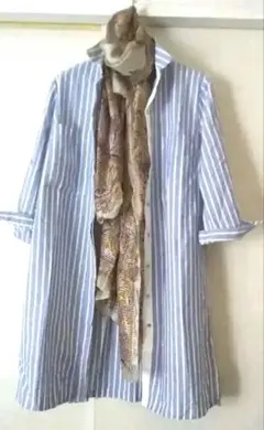 ZARA ブルー 水色コットン ストライプ ロングシャツ ダブルポケット 七分袖