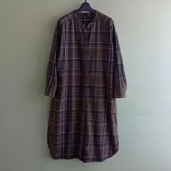 【美品】anyFAM　ロングワンピース　バンドカラー　カーキ系チェック　フリー