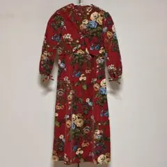 9〜10才 花柄長袖ロングワンピース（赤） 冬 厚地 ボレロ クリスマス
