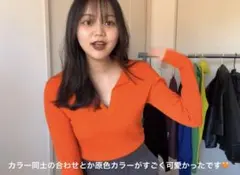 ZARA リブニットポロシャツ S オレンジ Vネック