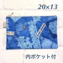 ハンドメイド　ファスナーポーチ　　　　　　　　　　『デニムお花のレース柄』ブルー