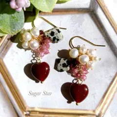 14kgf 深紅のハートの大人っぽピアス　イヤリング　ハンドメイド　天然石