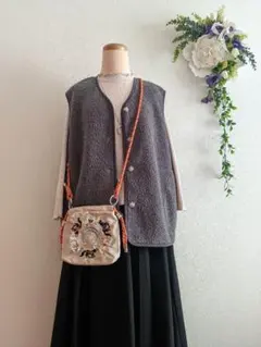 ■乗馬馬柄 Ball＆Chain柄 ミニショルダーバックベージュ＋オレンジ 美品