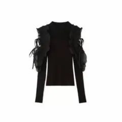 SNIDEL フリルスリーブニットプルオーバー ブラック