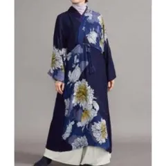 作家さん 一点物 カメオ柄 シャツワンピース リネン混 ゆったり LL 紫 