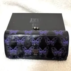 アナスイ 長財布 バタフライ ラウンドがま口　花柄 刺繍 黒×紫