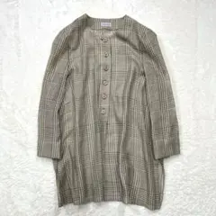 長袖シャツ ロング丈 ギンガムチェック カジュアル クルーネック 麻混 薄手