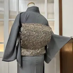 袋帯　六通　正絹　草花模様織り出し　紅碧色　全長434幅31