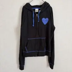 ⭐️PINK 長袖ジップアップパーカー【XS】フード ハート 黒 青 古着 希少のサムネイル