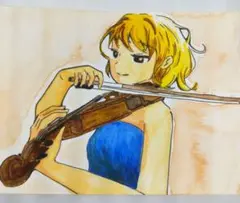 ハガキサイズのオリジナルイラスト 原画 【バイオリンを弾く女性】