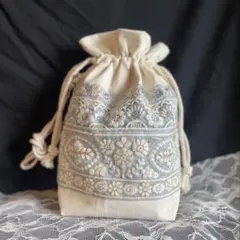 【大人気ブルー系】インド刺繍リボンサコッシュ