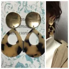 853＊ ハンドメイド イヤリング 大ぶり ヒョウ柄 レオパード ゴールド 
