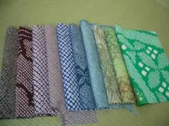 古布正絹絞りはぎれ10枚⑩青緑紫　半幅×20㎝　着物生地リメイク吊るし雛しぼり