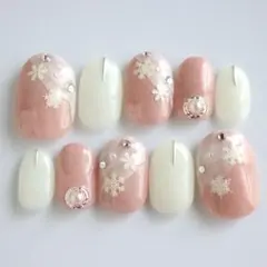 サイズオーダー可 ベリーショートオーバル ネイルチップ ピンクラメ雪の結晶