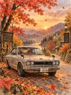 c1826_水彩画調 ノスタルジック レトロカー 秋の紅葉風景 夕焼けの山並み