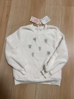 ホワイト フリース トレーナー 花刺繍