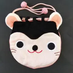 ちりめん　張子猫　巾着　ピンク　和風　ポーチ　小物入れ