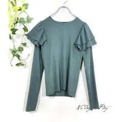 ZARA ザラ ショルダーフリルカットソー 長袖 リブ グリーン 緑 L相当のサムネイル