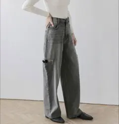 デニムパンツ ルーズサイドカットボトムスハイウエスト ヴィンテージ カジュアル