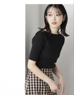 NATURAL BEAUTY BASIC 五分袖ニット　肩ボタン付き