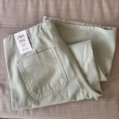 ZARA ワイドレッグクロップドパンツ 42 ライトグリーン