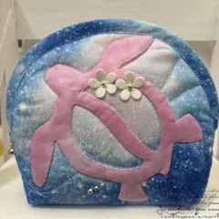 ハワイアンキルトポーチ・ハンドメイド・ホヌ&プルメリア・ミシンキルト