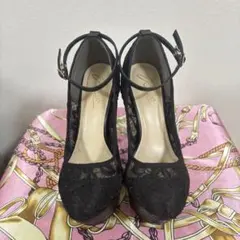 レース ブラック アンクルストラップ ヒール