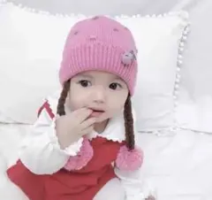 ベビーニット帽子　ピンク40～46cm
